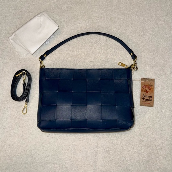 Anna Paola Leather Basketweave Zip Top Brit Shoulder Bag Made in Italy Navy Blue - Picture 3 of 10
